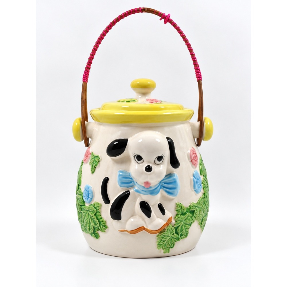 Vintage Cottagecore Pacific Japan Hand Painted Dog Cookie Jar Basket Handle
